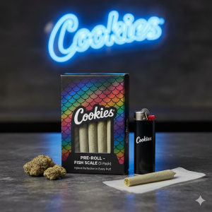 Cookies Fish Scale Pre-Roll 3 Pack displayed with lighter and Cookies branding