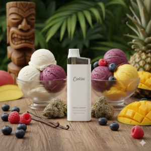 Cookies THCA Disposable 5g – Triple Scoop vape surrounded by vanilla, berries, and tropical fruit on a Jamaican wood surface