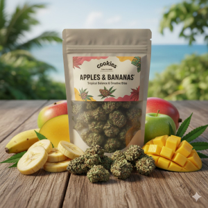 Cookies THCA Flower Bag – Apples & Bananas buds on a tropical Jamaican table surrounded by fresh fruit
