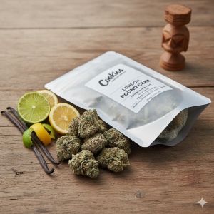 Cookies THCA Flower Bag – London Pound Cake buds on a Jamaican wood table with vanilla and citrus accents