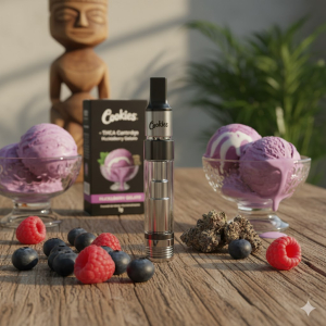 Cookies THCA Cartridge Huckleberry Gelato 1g with fresh berries and gelato scoops on a Jamaican wood table