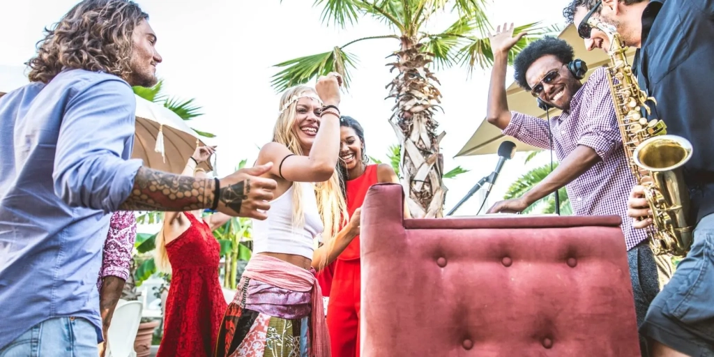 Travelers enjoying reggae and cannabis culture in Jamaica.