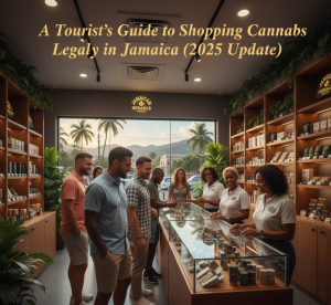 Tourist browsing cannabis products inside a licensed Jamaican Herbal House