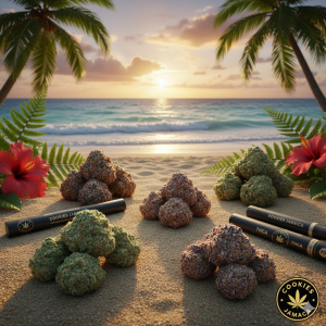 Cookies Jamaica THCA strains displayed on sand with tropical plants nearby