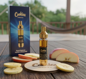 Cookies THCA Cartridge – Apples & Bananas on Jamaican wood with fruit slices