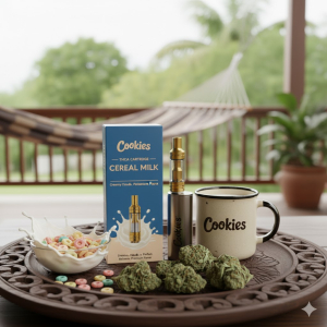 Cookies THCA Cartridge – Cereal Milk on a Jamaican wood surface with milk and cereal imagery