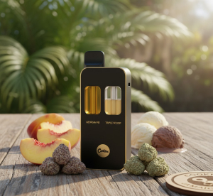 Cookies THCA Dual-Chamber Disposable with Georgia Pie and Triple Scoop device on a Jamaican wood surface