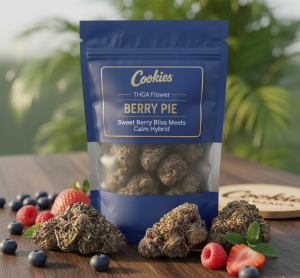 Cookies THCA Flower Bag – Berry Pie with vibrant buds and berry accents on a Jamaican wood table