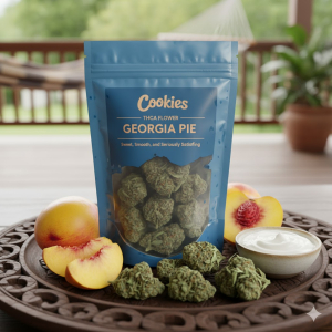 Cookies THCA Flower Bag – Georgia Pie buds on a Jamaican wooden tray with peaches and cream