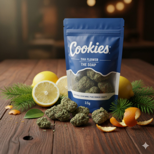 Cookies THCA Flower Bag – The Soap buds on a Jamaican wood table with citrus and pine