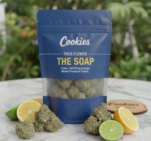 Cookies THCA Flower Bag – The Soap buds on a Jamaican marble table with citrus slices