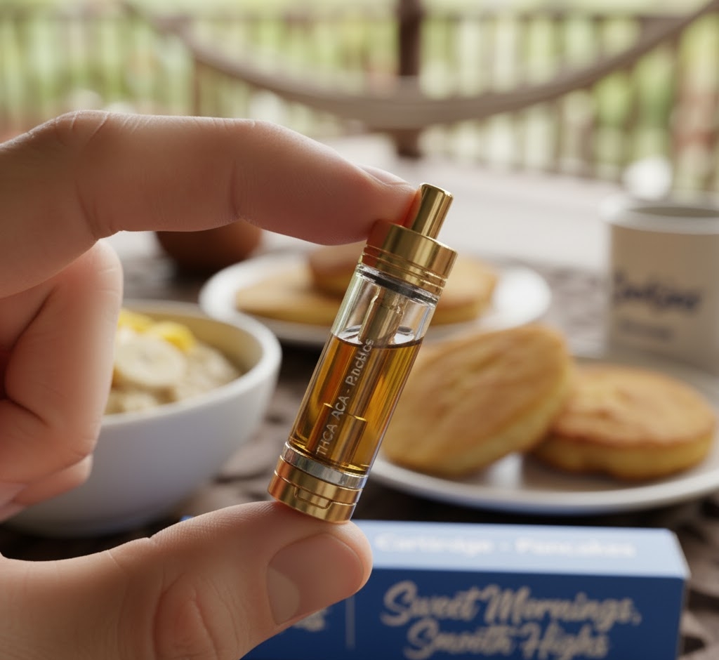 Close-up of golden Cookies Pancakes vape cartridge