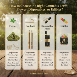 Comparison of cannabis forms including flower, pre-rolls, disposables, and edibles