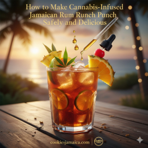 Jamaican rum punch served with tropical fruits and infused cannabis oil