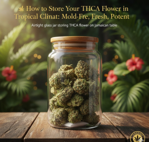 An airtight glass jar storing THCA flower on a Jamaican wooden table