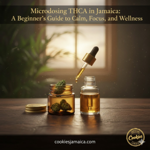 A small cannabis jar and a micro-tincture dropper on a wooden Jamaican table