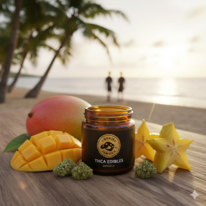 Jamaican beach setting with a small, labeled edible container and tropical fruits