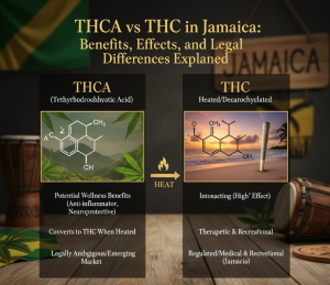 Chart comparing THCA and THC molecules with Jamaican cultural background accents