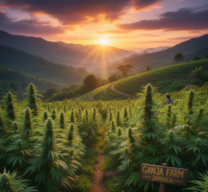 Traditional Jamaican ganja field in rural mountains at sunset