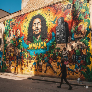 Jamaican street art mural representing music and cultural expression