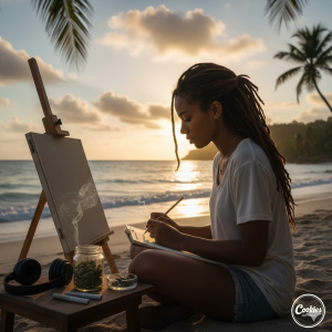 Jamaican artist working outdoors with sketchbook and calm surroundings