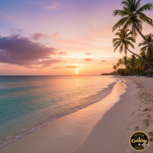 Scenic Jamaican beach at sunset with turquoise water and white sand, ideal for a relaxing THCA-friendly experience