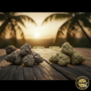 High-potency and mid-potency THCA flower displayed side by side on a Jamaican wood table