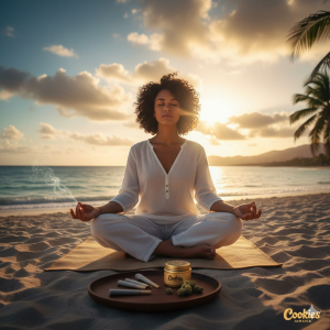 Person meditating on a Jamaican beach with calm ocean view