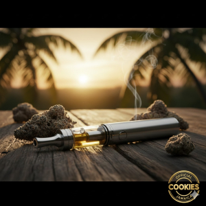 THCA vape pen displayed on a Jamaican wooden table