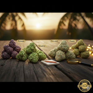 Assorted THCA flower strains arranged to represent different moods