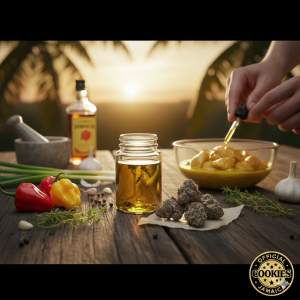 Jamaican cooking ingredients with infused oil preparation on a wooden table
