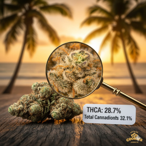 Cannabis buds with a magnified view of trichomes against a Jamaican wooden surface.