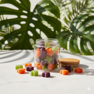 Cookies Jamaica wellness gummies displayed in clean, tropical setting