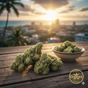 THCA cannabis flower and a calm urban sunset in Kingston background