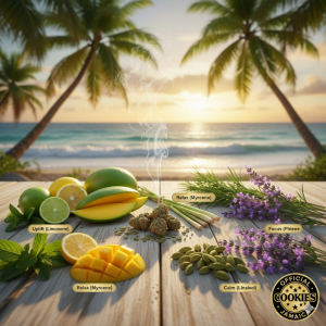 A tropical Jamaican beach setting with aromatic herbs representing different terpene profiles
