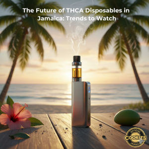THCA disposable vape on a Jamaican beach representing modern cannabis trends
