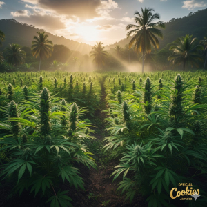 Lush Jamaican cannabis farm with THCA-rich plants under tropical sunlight.