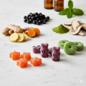 Functional gummies made with natural ingredients displayed on a clean surface