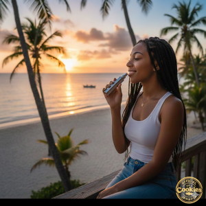 A tourist using a THCA vape while overlooking a Jamaican beach