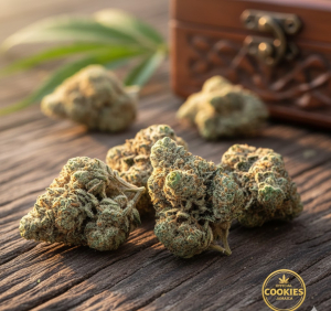 THCA flower displayed on a natural Jamaican wooden surface