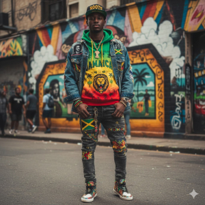 Jamaican streetwear outfit with cultural designs