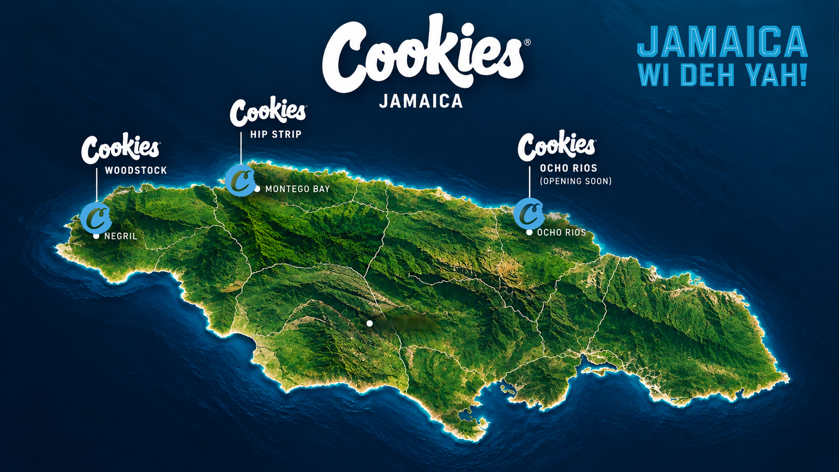 Cookies Jamaica. Jamaica wi deh yah! Woodstock, Negril; Hip Strip, Montego Bay; Ocho Rios, opening soon.